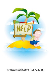 The torn off and unshaven Person sits on a desert island surrounded by water. The poster is attached to a palm tree made of fragments of ship-wreck with an inscription "Help" (vector)