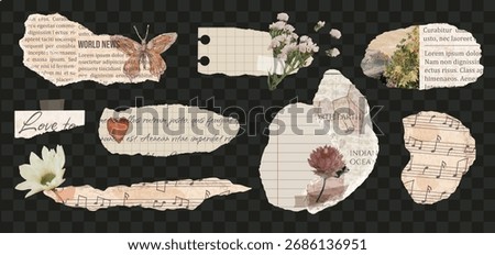 Torn old newspaper, magazine and note pad paper with flowers and jagged ends. Ripped sheet with text for scrapbook