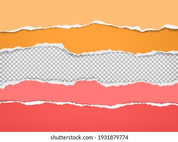 Torn of orange, red paper are on grey squared background for text, advertising or design. Vector illustration