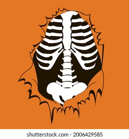 Torn orange t shirt or paper with skeleton inside. Vector illustration.