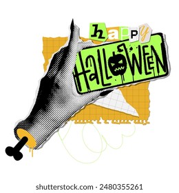 Torn out halftone collage zombie hand holding phone with graffiti words Happy Halloween. Holiday concept with paper layered elements. Vector illustration.