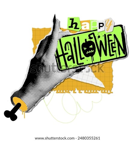 Torn out halftone collage zombie hand holding phone with graffiti words Happy Halloween. Holiday concept with paper layered elements. Vector illustration.