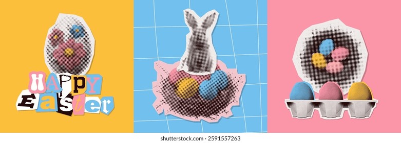 Torn out vintage halftone Easter day collage covers set, trendy card with cutout paper elements, square poster with dotted icons - nest with eggs, bunny, lettering, Vector