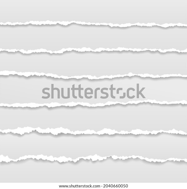 Torn page borders. Ripped edges paper\
banner, header design. Tear of sheets, rough grunge texture\
stripes. Horizontal scrapbook exact vector\
elements