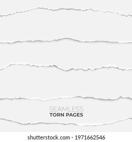 Torn page seamless texture. Paper edge backdrop, grunge rip papers stripes. Broken craft clean sheets, scrapbooking borders recent vector set