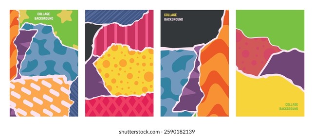 Torn paper abstract background. Collage style posters, colorful printed sheets with torn edges. Cards, posters, covers design, scrapbook vector elements