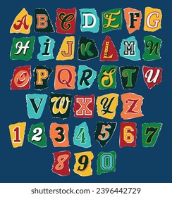 Torn paper alphabet ransom note cute vector initial letters and numbers