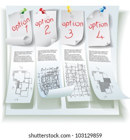 Torn paper architectural stickers with numbered progress options. Vector clip-art.