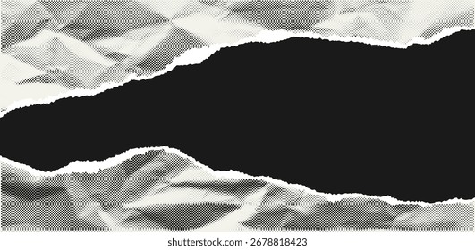 Torn paper background with halftone effect. Horizontal pieces of crumpled halftone paper with ripped edges and space for text. Template for posters, banners and overlays. Vector illustration.