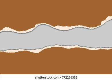 Torn paper background with ripped edges and shadow. Brown backdrop with space for text. Vector illustration.