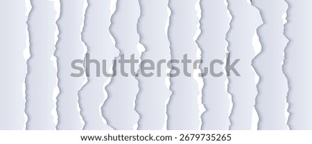 Torn paper background with uneven edges. Vector realistic illustration of ripped blank pages of book, notebook or document, abstract shape strips, pieces of destroyed newspaper, ragged collage patches