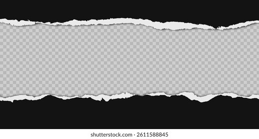 Torn paper banner. Black ripped sheet pieces. Horizontal background with shadow, rough, textured edges, effect. Minimalist design for text overlays. Vector template.