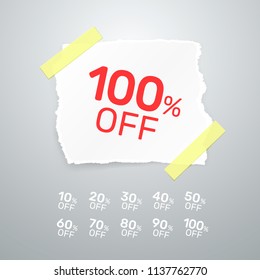 Torn paper banner collection off with share discount percentage. Vector illustration