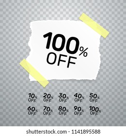 Torn paper banner collection off with share discount percentage. Vector illustration