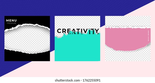 Papel despedazado, banderas puestas, ilustración vectorial creativa brillante. Elementos de diseño gráfico para banner, portada, menú, disposición de medios aislados en fondo transparente, plantilla multicolor minimalista.