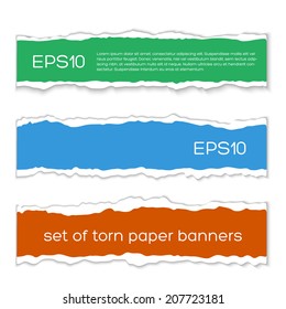 Torn paper banners with space for text. Vector EPS10 illustration isolated on white background. Design elements - multi colored torn paper