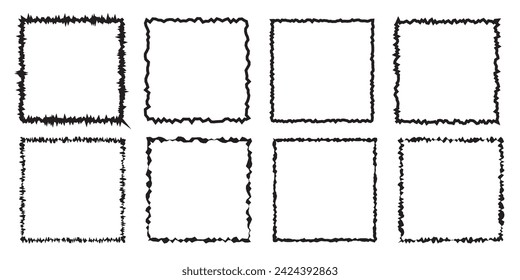 Torn paper black frames with rough edges vector set. Square silhouettes with ripped jagged borders on white background. Vintage grunge boxes for text, banner, sticker design. Retro photo objects.