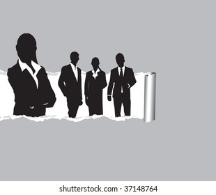 torn paper with business people underneath