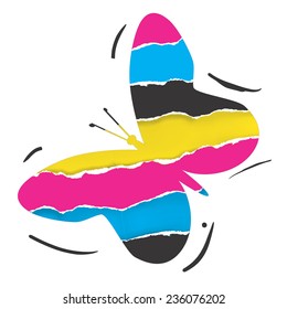Torn paper Butterfly with print colors. Flying Torn paper Butterfly with print colors on the white background. Concept for presenting of paper or color printing press.  