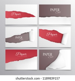 Torn paper cards realistic set in modern design with place for invitation or advertising text isolated vector illustration