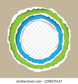 Torn paper circle frame vector template. Layered ripped paper edges for banner, print, flayer design