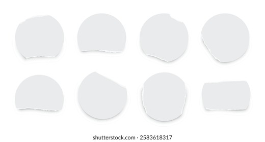 Torn paper circles with rough ripped edges isolated on transparent background. Document mockup, newspaper cutout, scrapbooking elements, labels, stickers. Realistic vector illustration set.