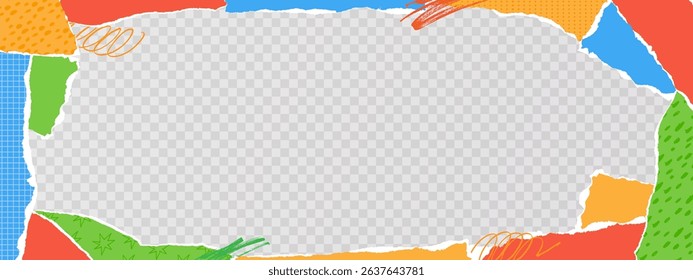 Torn paper collage banner. Colorful paper pieces background. Ripped paper edges with layered textures. Kraft scrap, handcrafted pattern. Vintage collage art frame. Vector concept.