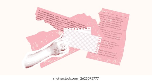 Colagem de papel rasgado com bordas e marcas de rasgar. Páginas de notebook retro, recortes de jornais vintage e restos de corte à mão. Ilustração com textura grunge.