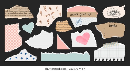 Torn paper collage set. Torn newspaper pieces, notes, motivational words, grid and line notebook sheets, torn paper heart and watercolor, hand drawn stars and hearts on paper, torn Gingham paper.