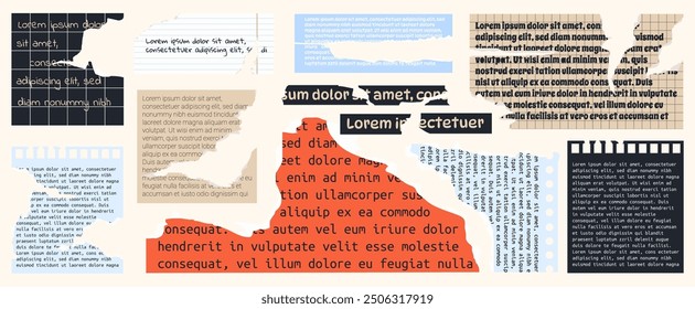 Collage de papel rasgado con varios textos y fondos