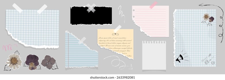 Torn paper collection with floral stickers, sketch doodles, and various notepad styles on a grey background. Ideal for journaling, scrapbooking, notes, or digital collage design projects. Vector image