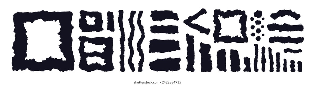 Torn paper collection. Vector grunge elements with jagged edges. Frame, strip, spot of black ripped paper silhouette. Textured abstract