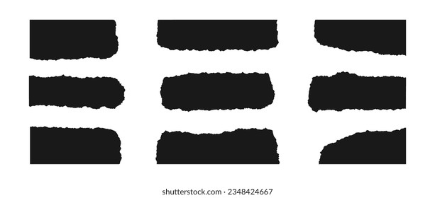 Zackenpapier-Eckstücke. Schwarze Schnittformen mit gezackten Kanten. Rippte Materialecke, Seitenkollektion und zentrale Elemente. Texturierte Grunge-Bundle für Collage, Textbox, Banner, Aufkleber. Vektorgrafik