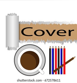 Torn paper covers papers, coffee mugs and pencils.