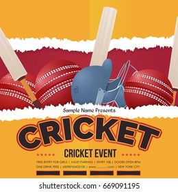 Torn Paper Cricket Event Poster Background, Vector Spotlights Banner Event Info Postcard Design and Typographic Sports Ad Web Banner or Card Template, Ball, Stick, Helmet Illustration