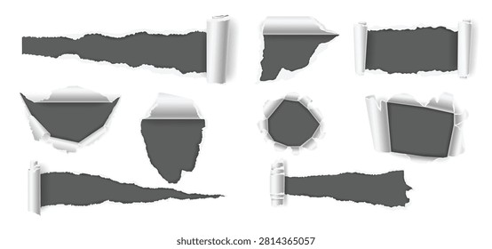 Torn paper with curled corner. Ragged page hole, ripped sheet of paper with rolled edge realistic 3D vector set of ragged torn frame, edge ripped illustration