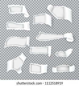 Torn paper curls exposing inner layer through variously shaped holes realistic images collection transparent isolated vector illustration 