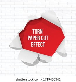 Torn Paper Cut Effect. Isolated with white brick wall