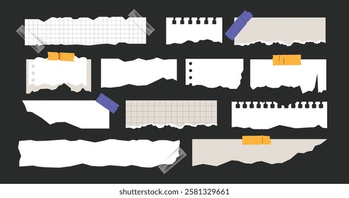 Torn paper and cut notebook modern collage with tape. Retro scarpbook element collection.