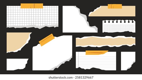 Torn paper and cut notebook modern collage with tape. Retro scarpbook element collection.