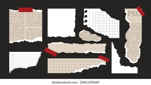 Torn paper and cut notebook modern collage with tape. Retro scarpbook element collection.