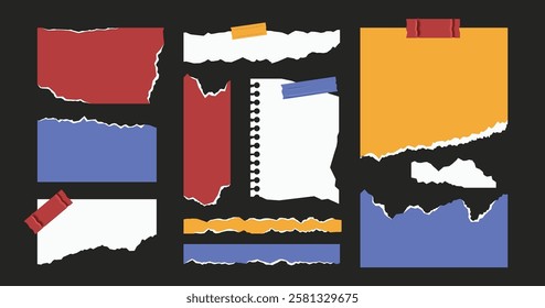 Torn paper and cut notebook modern collage with tape. Retro scarpbook element collection.