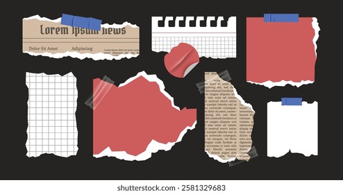 Torn paper and cut notebook modern collage with tape. Retro scarpbook element collection.