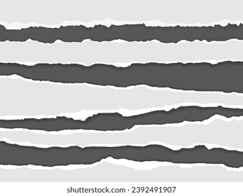 Torn paper divider lines. Ripped cardboard page edge, horizontal paper rips with shadow effect vector set of cardboard blank edge illustration