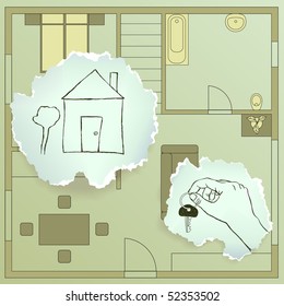 Torn paper doodles on house plan, hand with a key to new house, vector illustration