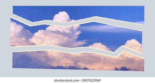 Torn paper with dotted clouds illustration. Vector illustration of a torn photograph of the sky for retro collages.