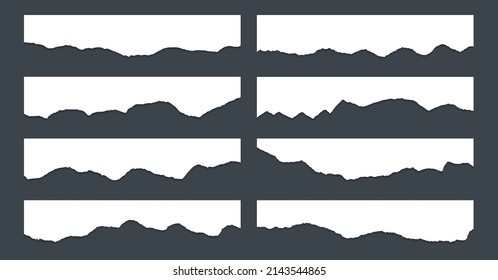 Torn paper edge borders vector collection. White shred fragments set. Cardboard or paper torn edge stripes with shadows. Rrough teared sheet strip elements. Blank divider fragments.