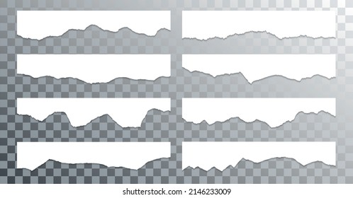 Torn paper edge borders vector collection. White shred fragments set. Cardboard or paper torn edge stripes with shadows. Rrough teared page strip pieces. Empty text note fragments.