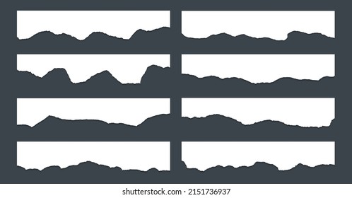 Torn paper edge borders vector collection. White tattered fragments set. Cardboard or paper ragged edges with shadows 3D design. Rrough teared sheet strip elements. Blank text note fragments.