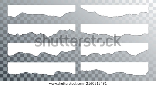 Torn paper edge borders vector collection.
White tattered fragments set. Cardboard or paper torn edges with
shadows 3D design. Isolated teared page strip pieces. Empty memo
message fragments.
